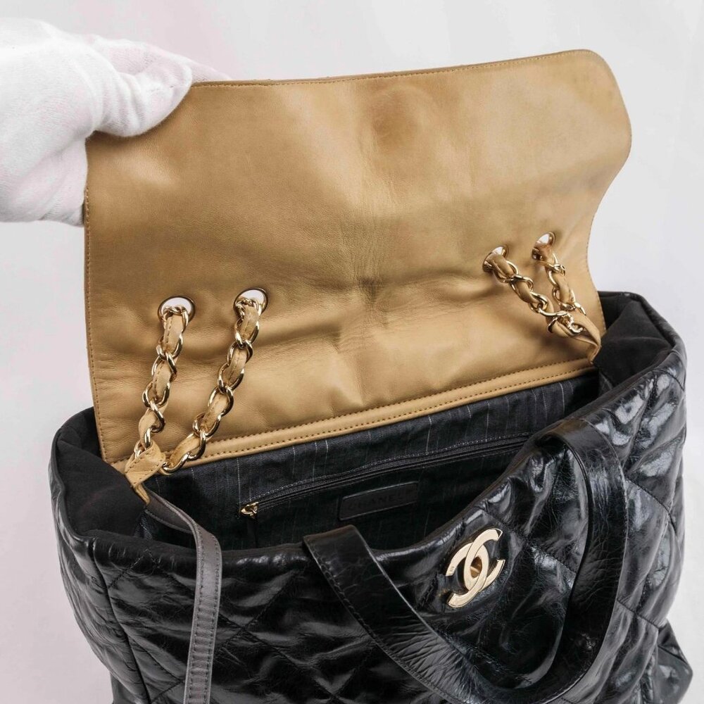 Authentic Chanel Black/Beige Quilted Glazed Leather Portobello Tote - Picture 4 of 15